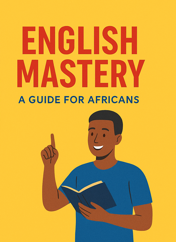 Book cover of “Mastering English: The Complete Guide for Africans.” The design features a clean white background with earthy orange and green accents. The title is bold and professional, with a tagline that reads “Your Roadmap to English Fluency.” An image of an open book symbolizes learning and growth. The overall style is neutral, academic, and inviting, reflecting the book’s mission to help Africans and non-native speakers master English grammar, vocabulary, and fluency.