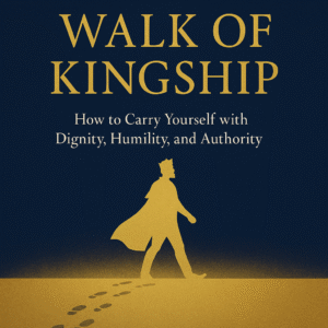 Book cover of The Walk of Kingship by Arinze Achebe, featuring a golden silhouette of a king walking with dignity against a deep blue background.