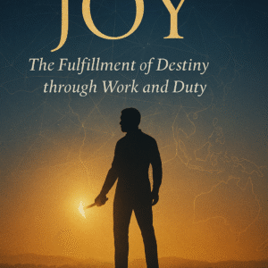 Front cover of JOY: The Fulfilment of Destiny through Work and Duty by Arinze Achebe — African sunrise theme with a builder silhouette, symbolizing purpose, work, and divine joy.