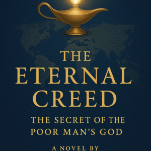 “Front cover of The Eternal Creed by Arinze Achebe — golden lamp burning above a world map, symbolizing the Builders’ philosophy of continuity and light.”