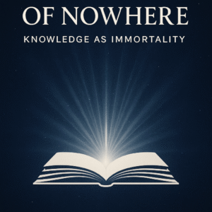 Front cover of “The Library of Nowhere: Knowledge as Immortality” by Arinze Achebe — a luminous minimalist design featuring radiant light emanating from an open book against deep indigo space, symbolizing consciousness, unity, and enlightenment.