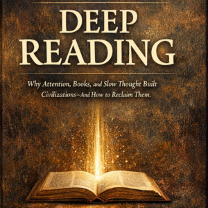 Book cover of The Lost Art of Deep Reading by Arinze Achebe with an open glowing book and classic serif typography.